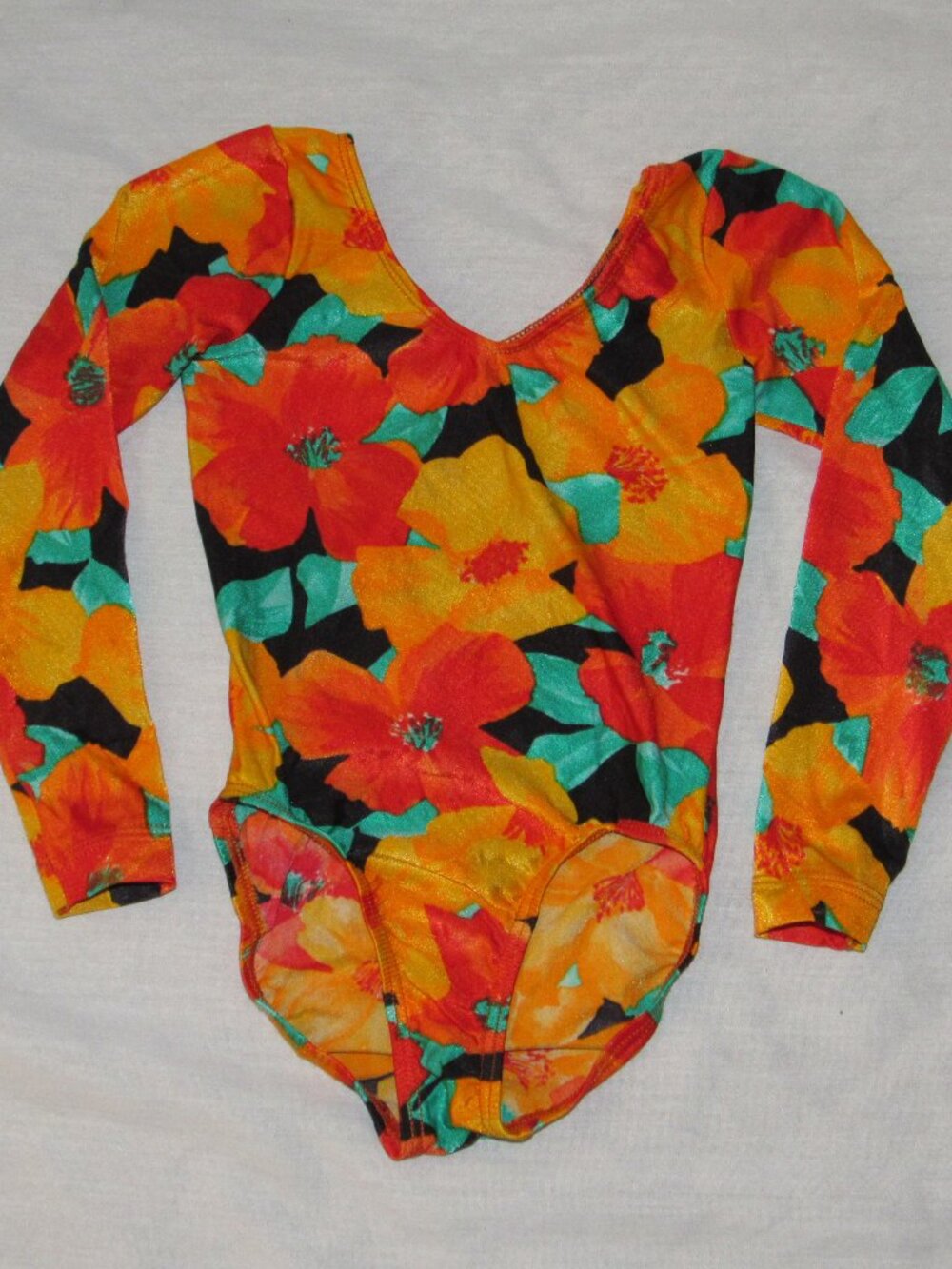 Vintage 90s GK Elite Orange Hawaiian Floral Long Sleeve Leotard Child Size Small